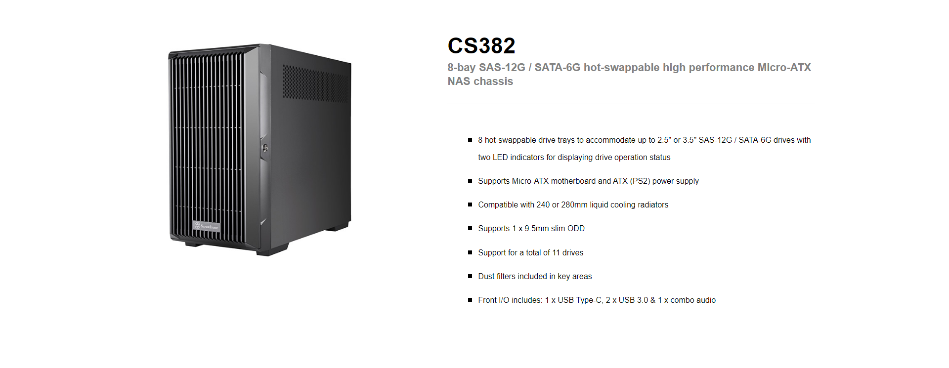 A large marketing image providing additional information about the product Silverstone CS382 NAS Micro ATX Tower Case - Black - Additional alt info not provided